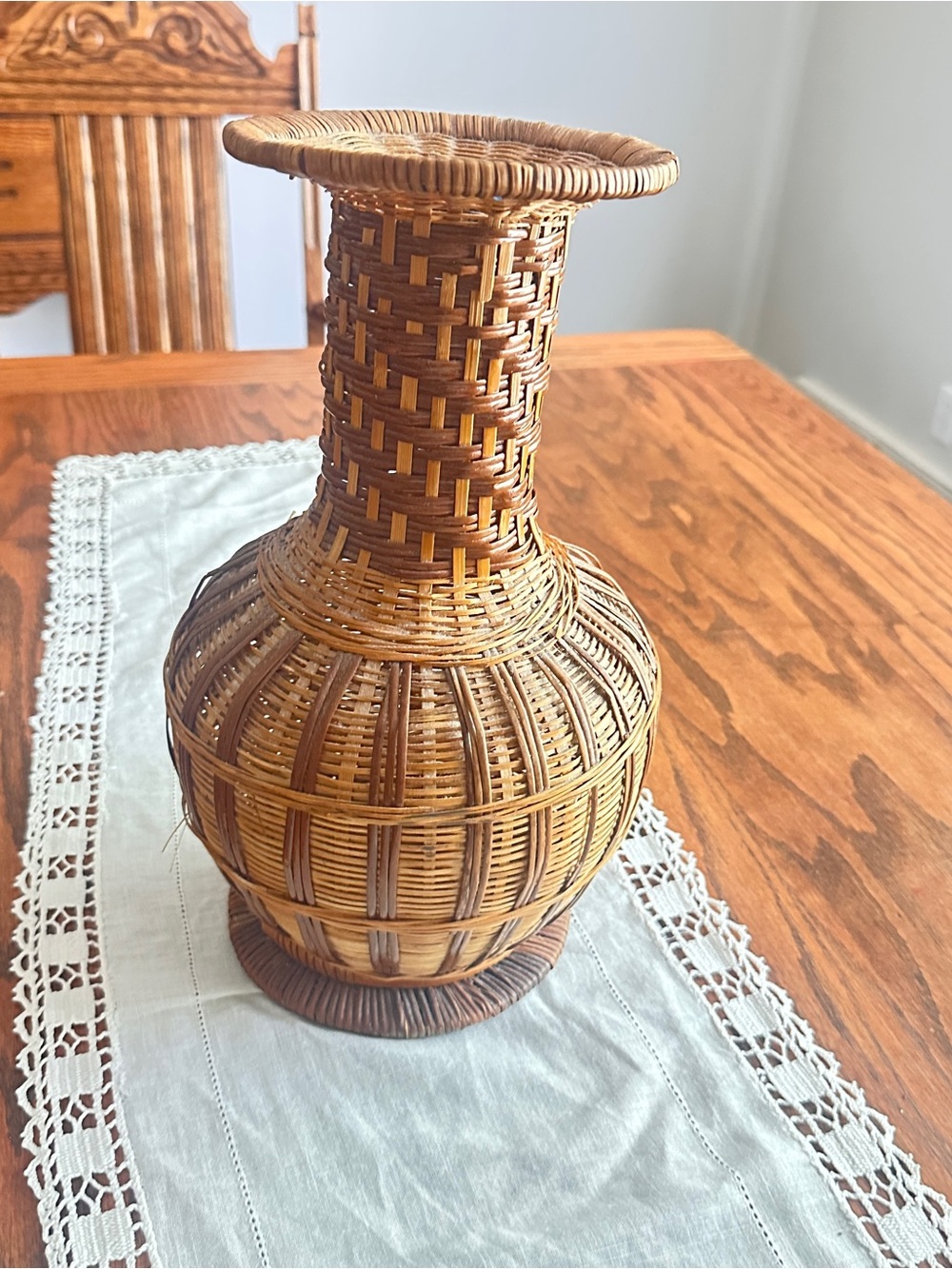 Vintage wicker rattan vase boho